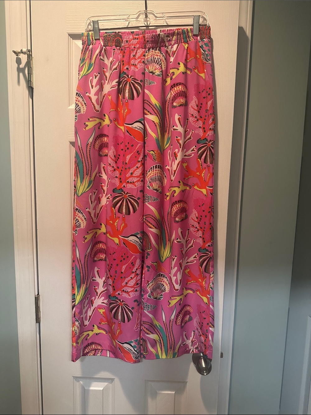 Pink Tropical Print Elastic-Waist Pants